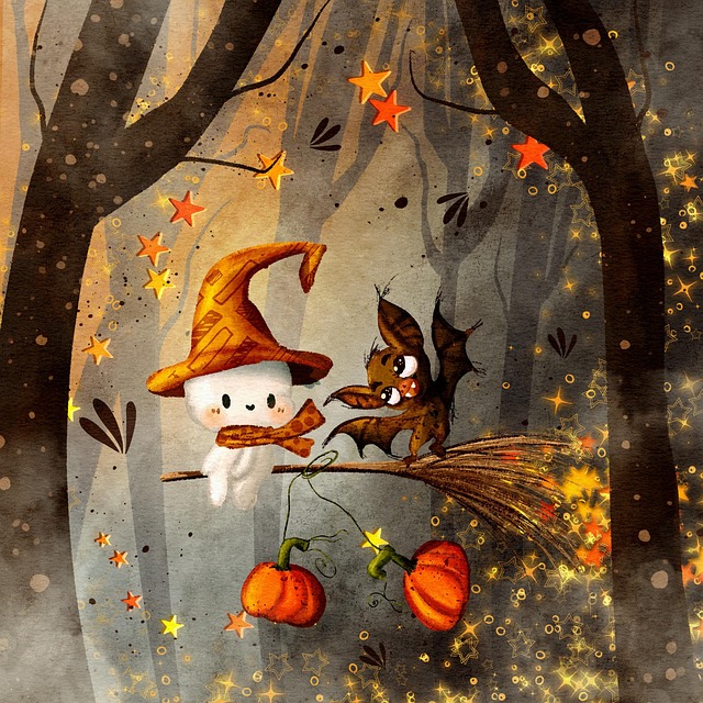 cartoon ghost and bat on a broom in the trees