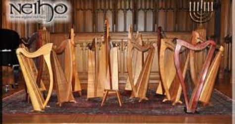 Picture of a 7 harps with the New England Irish Harp Orchestra logo