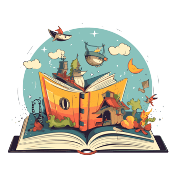 Open book with sailing ships, leaves, a moon, fish coming out of png tree it.  Courtesy of 