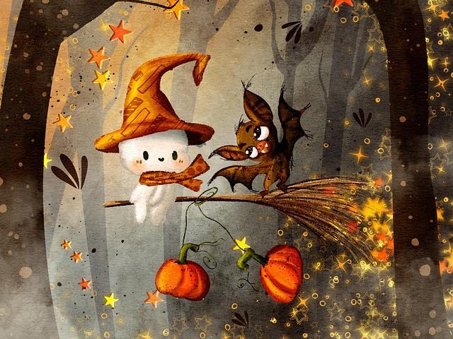 cartoon ghost and bat on a broom in the trees