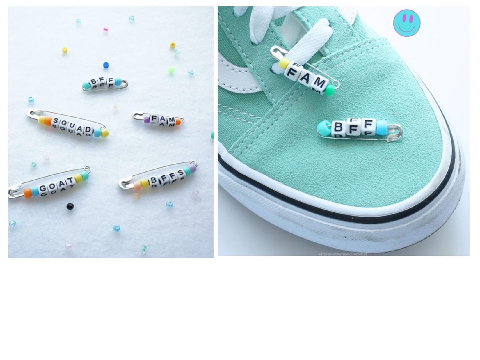 picture of pins with names on them and one on a sneaker