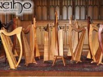 Picture of a 7 harps with the New England Irish Harp Orchestra logo
