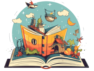 Open book with sailing ships, leaves, a moon, fish coming out of png tree it.  Courtesy of 